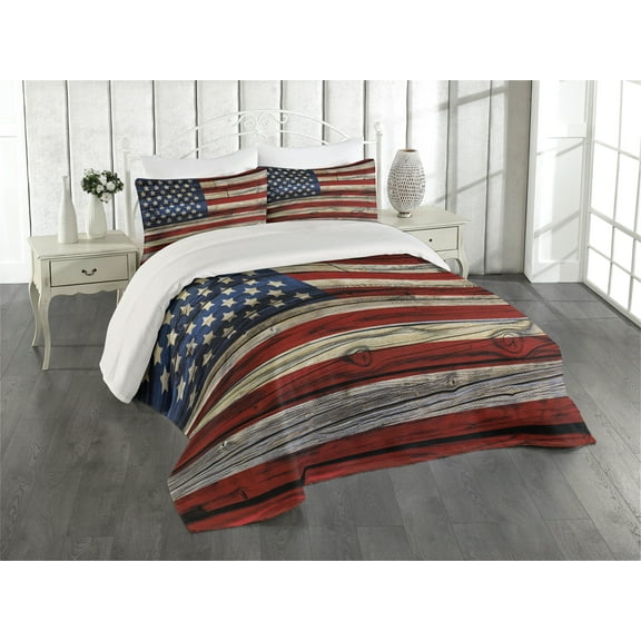 Ambesonne 4th of July Quilted Coverlet 3 Pcs, Wood Planks Flag, King Size, Red Beige Navy Blue