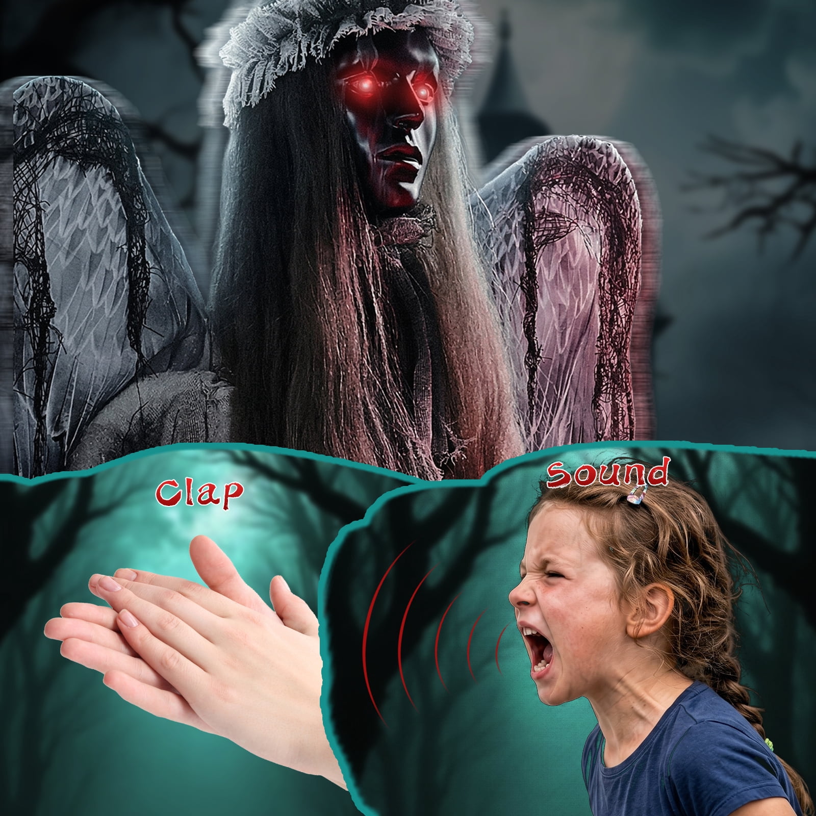 Astoutdoor 5.7 ft Halloween Weeping Angel Animatronic Decoration with Red Light-Up Eyes, Sound-Activated Motion, and Screaming Sound Effects, Battery Operated