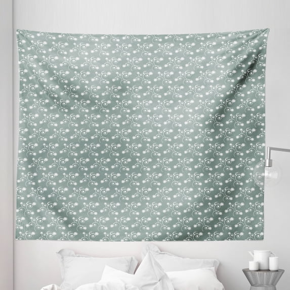 Vintage Floral Tapestry, Spring Meadow Themed Swirled Twigs with Tulips Buds Nature Art, Fabric Wall Hanging Decor for Bedroom Living Room Dorm, 5 Sizes, Pale Sage Green White, by Ambesonne