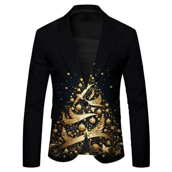 Men's Santa Print Long Sleeve Lapel Button Casual Fashion Suit Jacket
