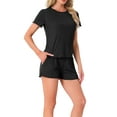 thumbnail image 4 of INSPIRE CHIC Womens Pajama Set Soft Short Sleeve Shorts Set Crewneck Ruffle Lounge Set with Pocket L Black, 4 of 6