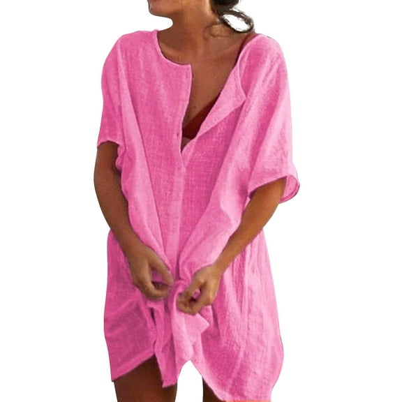 Wuxian Womens Summer Dress Midi Short Sleeve Button Down Shirt Dresses Casual Loose Beach Cover Up