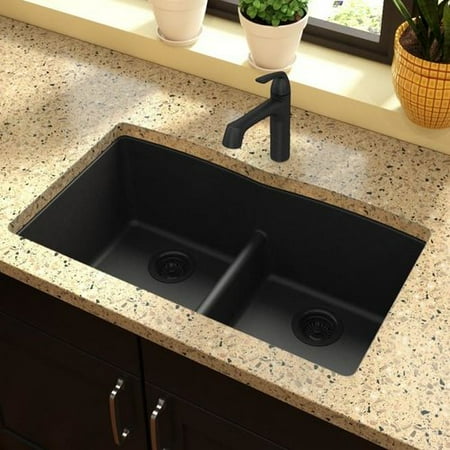 Elkay ELGDULB3322BK0 Quartz Classic 33  x 19  x 10   Equal Double Bowl Undermount Sink with Aqua Divide  Black
