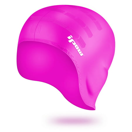 IPOW Ladies’ Swim Cap Hat, Waterproof Over-the Ear Silicone Swimming Cap for Adults, Youth, Kids, Women&Girls with Long Hair or Short Hair-One Size, Rose Red