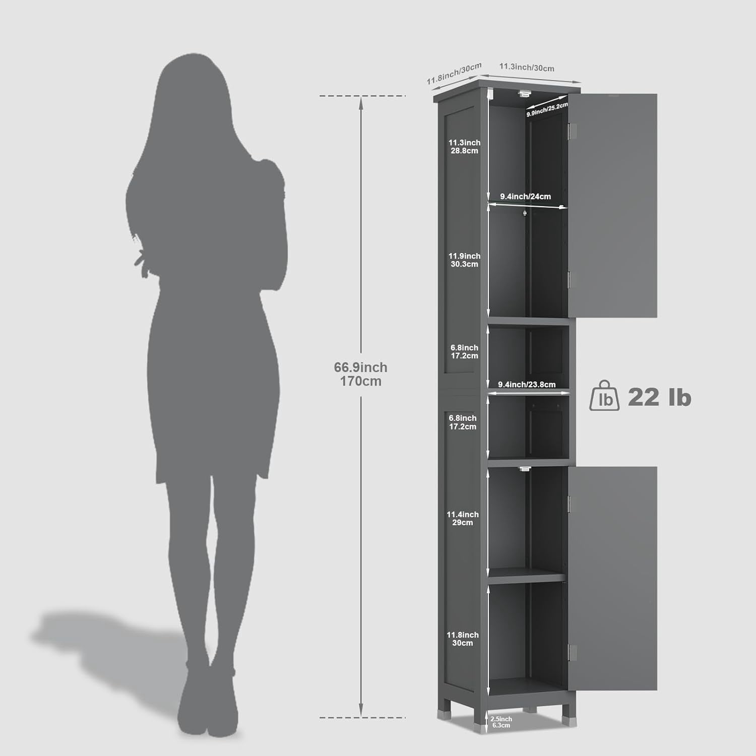 67" Tall Bathroom Storage Cabinet with Lights, Slim Narrow Bathroom Cabinet Organizer with Doors and Adjustable Shelves, Tall Cabinet for Small Space, Living Room, Kitchen, Gray