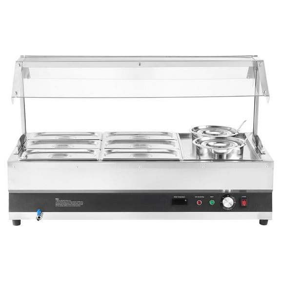 KFFKFF Commercial Soup Warmer, Electric Food Warmer Steam Table Countertop Bain Marie Two 6.34QT Pots & Six 1/3 Pans，86~185°F Adjustable Temp