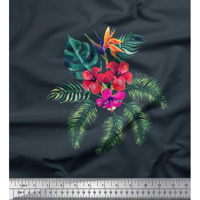 Soimoi Modal Satin Fabric Floral & Leaves Tropical Decor Fabric Printed Yard 42 Inch Wide