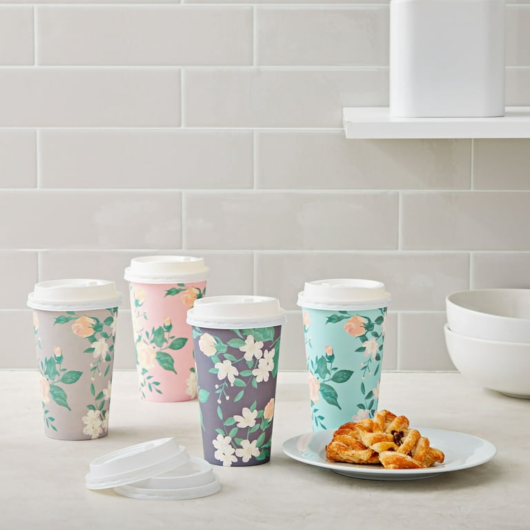 48-Pack Disposable Floral Paper Coffee Cups with Lids 16 oz , To