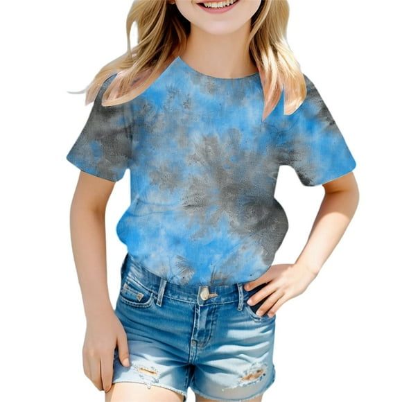 LUOGENLI T-Shirt pour Filles T-Shirt à Manches Courtes à Imprimé Teinture sur Nœuds pour Filles T-Shirt d'Été Mode Décontractée à Col Rond pour Tout-Petits et Enfants Maxi Chemises pour Filles Bleu 4-5 Ans