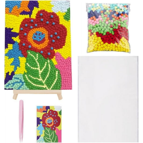 Manualidades y manualidades: pintura floral colorida con caballetes de madera, marco de fotos, bolas pequeñas y esponjosas, tablero de dibujo, kit de arte con pompones.