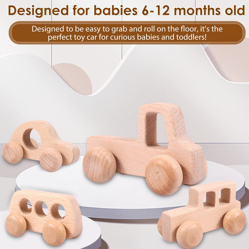 4Pcs Wooden Toys Cars for Babies to 12 Months Baby Holding Car