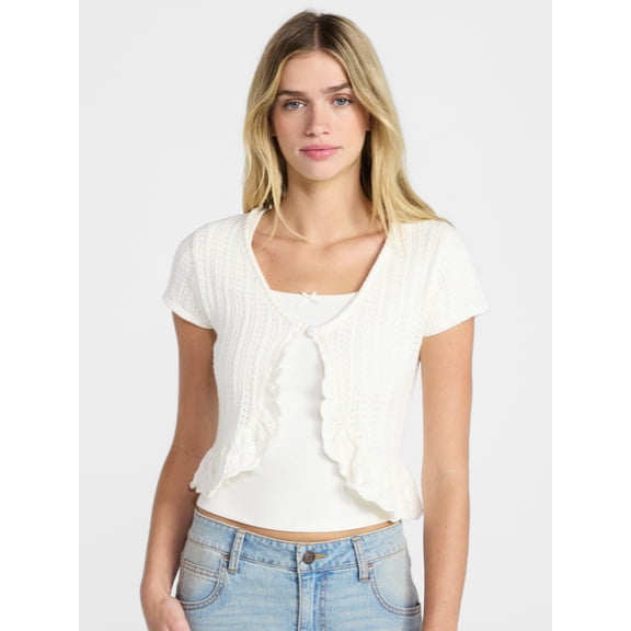 No Boundaries V-Neck Pointelle Cardigan with Short Sleeves, Women's XXS-XXL