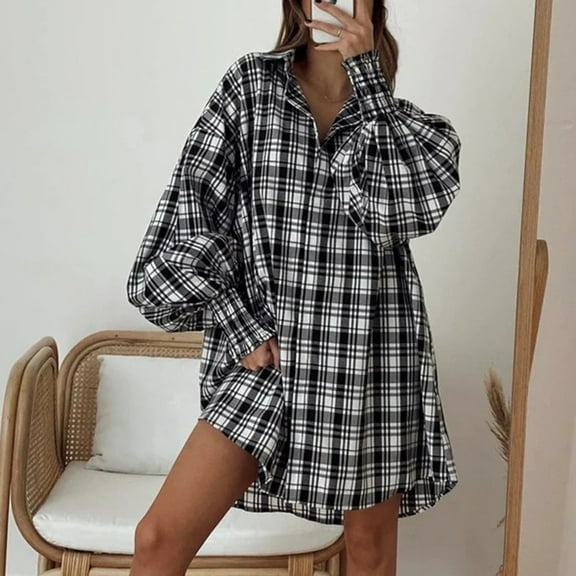 ICHUANYI Womens Oversized Button Down Plaid Shirts Long Lantern Sleeve Blouses V Neck Casual Loose Tops