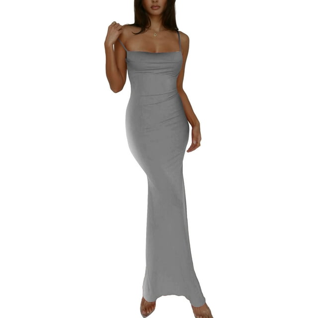 Faithtur Robe Longue Moulante pour Femmes Bretelles Spaghetti Col Carré Robe Midi Dos Nu Robe de Soirée
