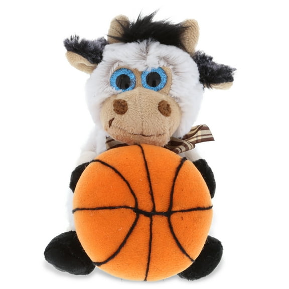 DolliBu Cow Stuffed Animal with Basketball Plush - Soft Huggable Cow, Adorable Playtime Sitting Cow Plush Toy, Cute Farm Animal Gift, Basketball Plush Doll Animal Toy for Kids and Adults - 7 Inch