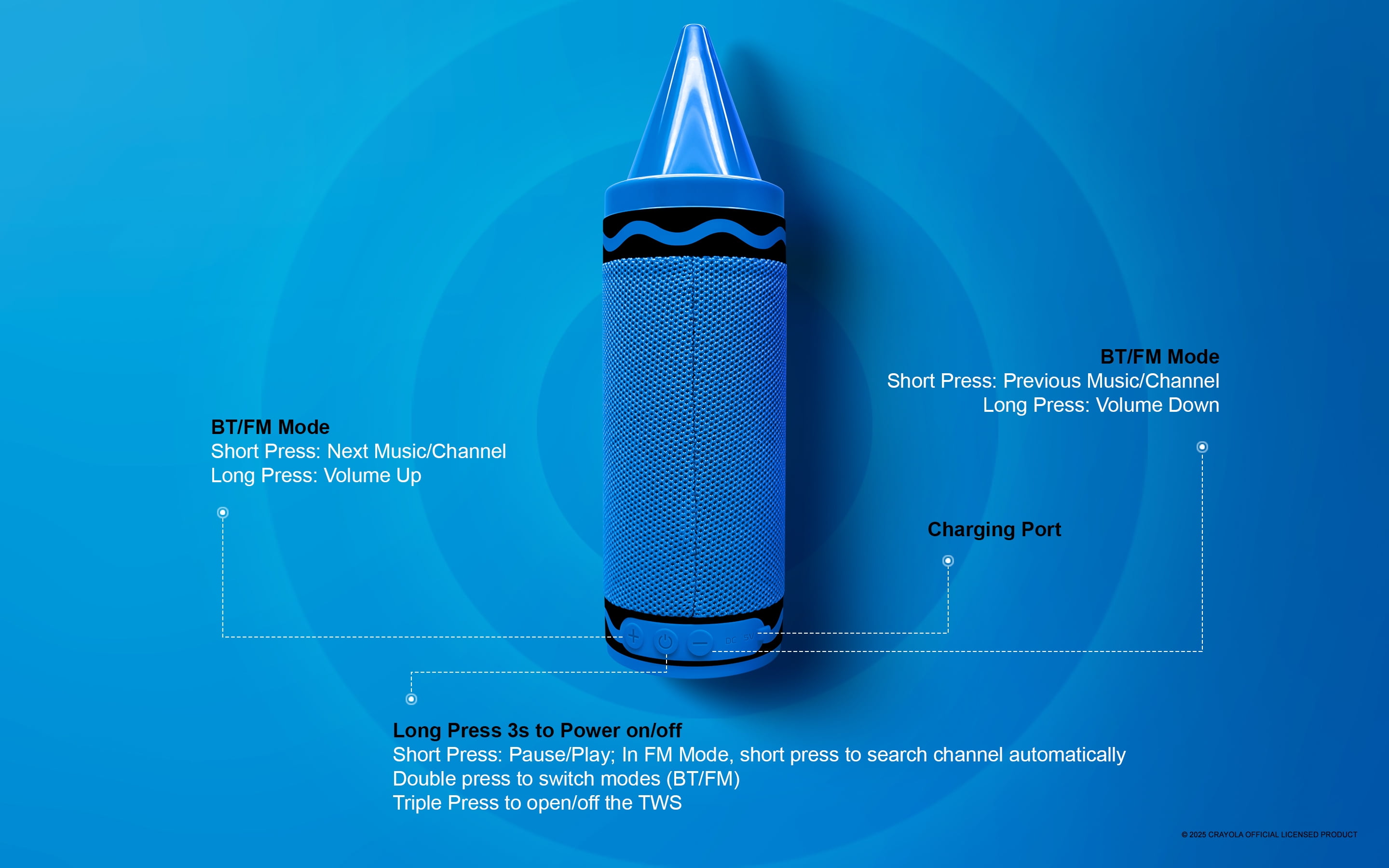 Crayola Kids Crayon Bluetooth Wireless Portable Speaker 20W PEAK Power HD Sound; Long Lasting Battery;1500mAh Battery All Day Playtime, TWS Pairing, BT 5.3, FM Radio Home/Party/Outdoor/Travel/Camping