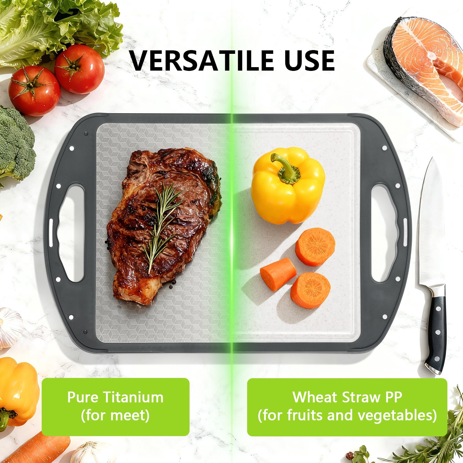 LIZEVINC Titanium Cutting Board for Kitchen, Food-Grade Double Sided Pure Titanium & Wheat Straw PP Chopping Board for Meat/Vegetables, Non-Toxic, Non-Slip, Easy to Clean, 15.35"x10"