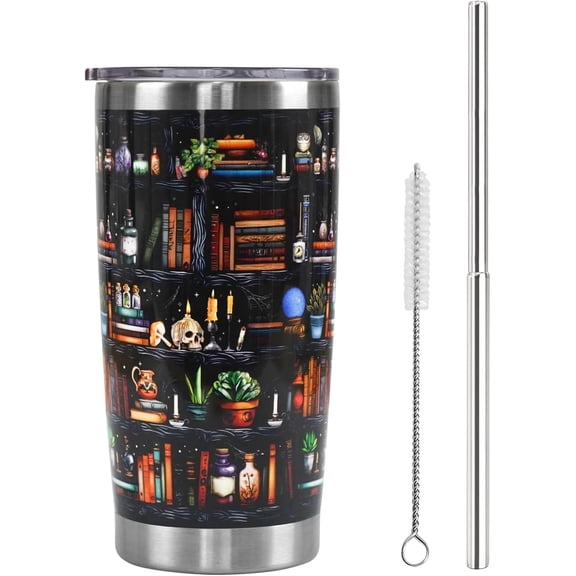 Book Lovers Gifts 20oz Tumbler,Vacuum Insulated Leak Proof Tumbler bookish gifts for Women Readers Librarian,Book Accessories Stainless Steel Travel Mug,Skull Bookshelf