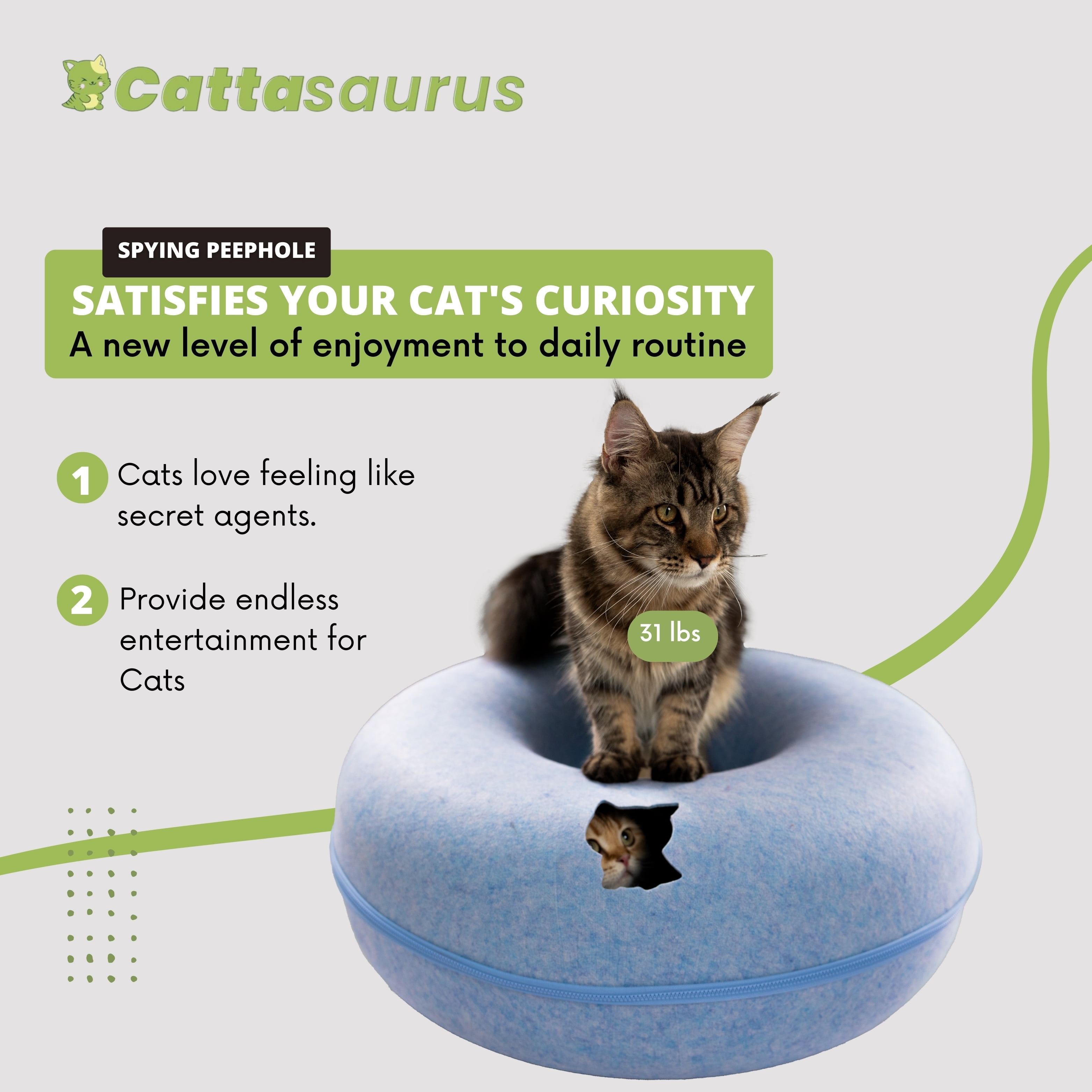 Cattasaurus Peekaboo Cat Cave Tunnel Bed for Cats up to 45 lbs (Blue, Jumbo)