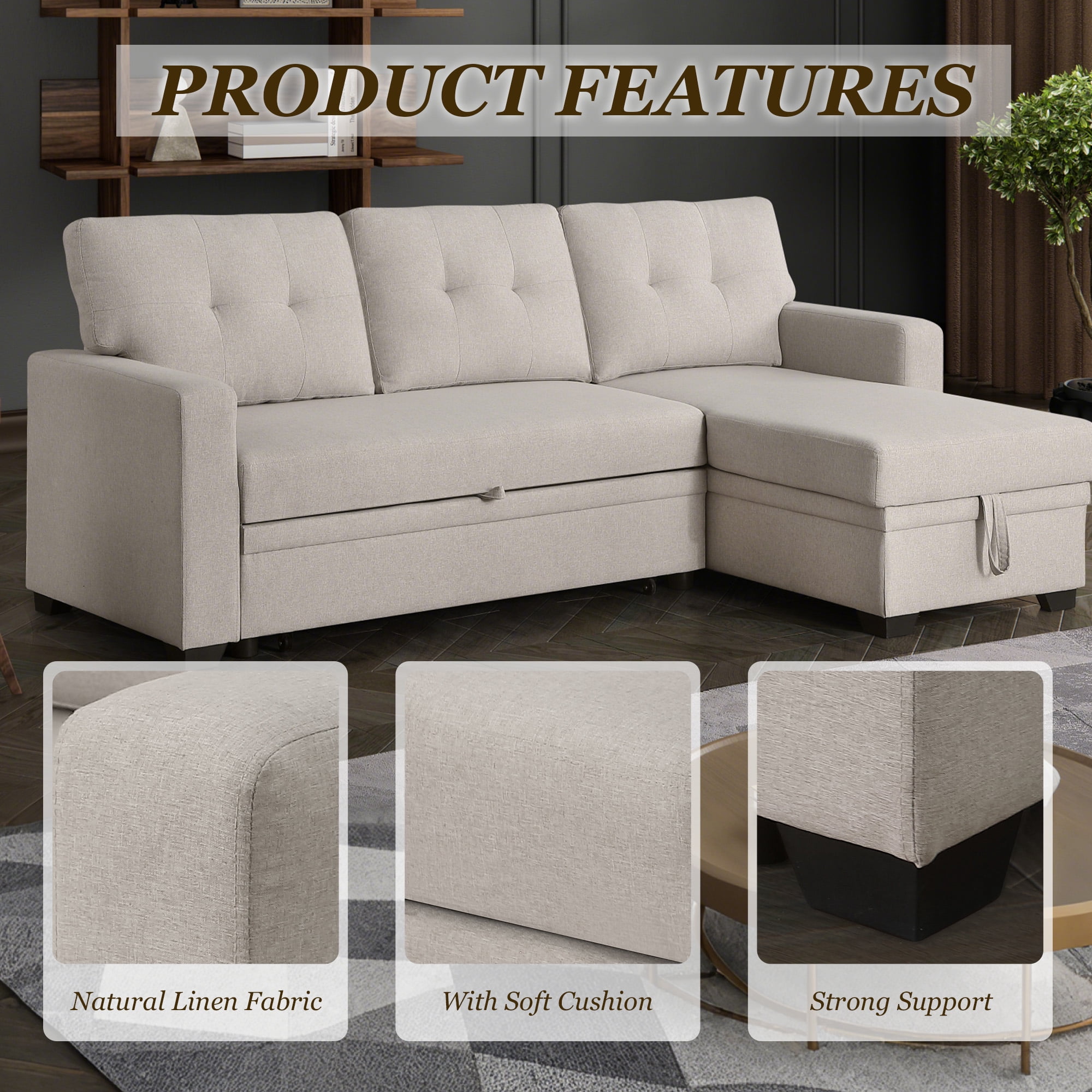 MOONMISS Sectional Sofa Bed with Storage and Soft Seat ,Reversible Pull Out Couch for Living Room,Beige