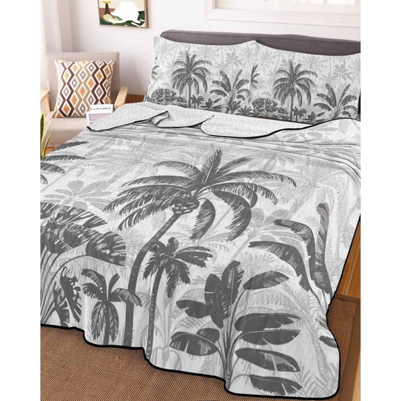 Palm Trees Twin Size Down Alternative Comforter, Lightweight Comforter Quilt Bedding Set with Pillow Shams Black Grey Tropical Plants Summer Forest All Seasons Bed Comforter Duvet Insert 68"x86"