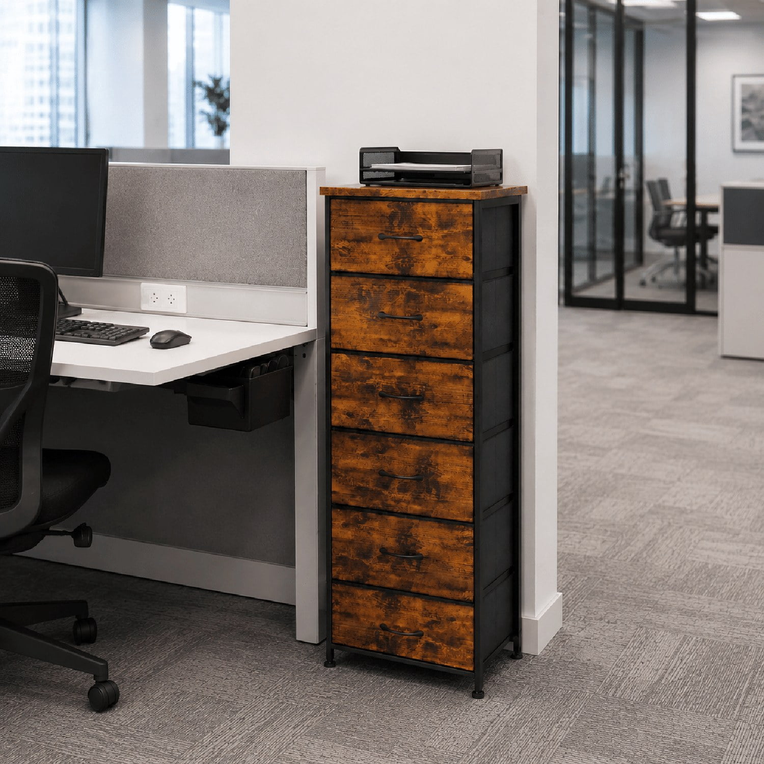 6 Drawer Dresser, Tall Narrow Storage Chest with Fabric Drawers, Steel Frame and Wood Top, Space-Saving Unit for Bedroom, Closet, Entryway