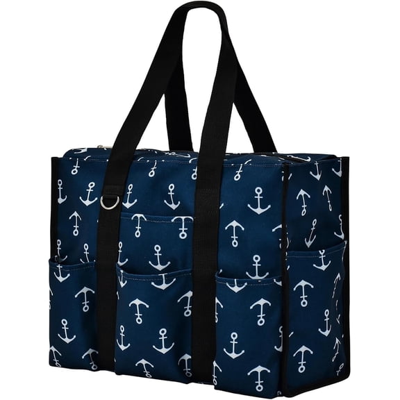 Kwuty Large Tote Bag for Women Waterproof with 12 Pockets Top Zipper Closure Utility Teacher Nurse Bags for Work School（Anchor）