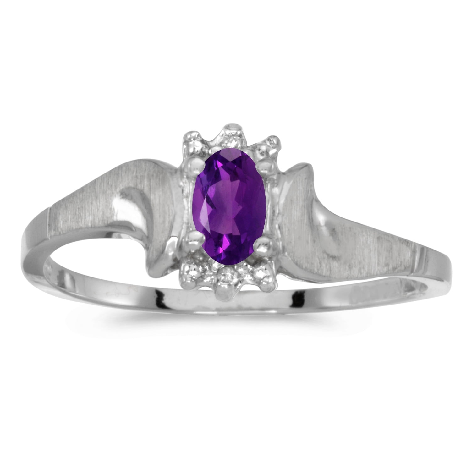 10k White Gold Oval Amethyst And Diamond Satin Finish Ring by