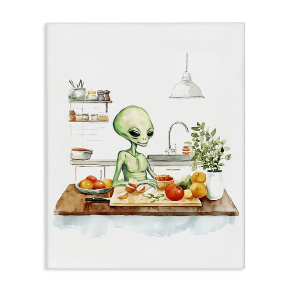 Stupell Industries Alien Cooking in Kitchen Fantasy & Sci-Fi Painting Wrapped Canvas Canvas Art Print Wall Art, 16 x 20