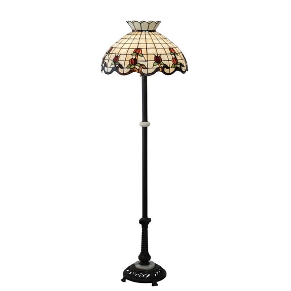 Meyda Tiffany 228514 62 Inch High Roseborder Floor Lamp   Black Finish with Ruby/Beige Glass