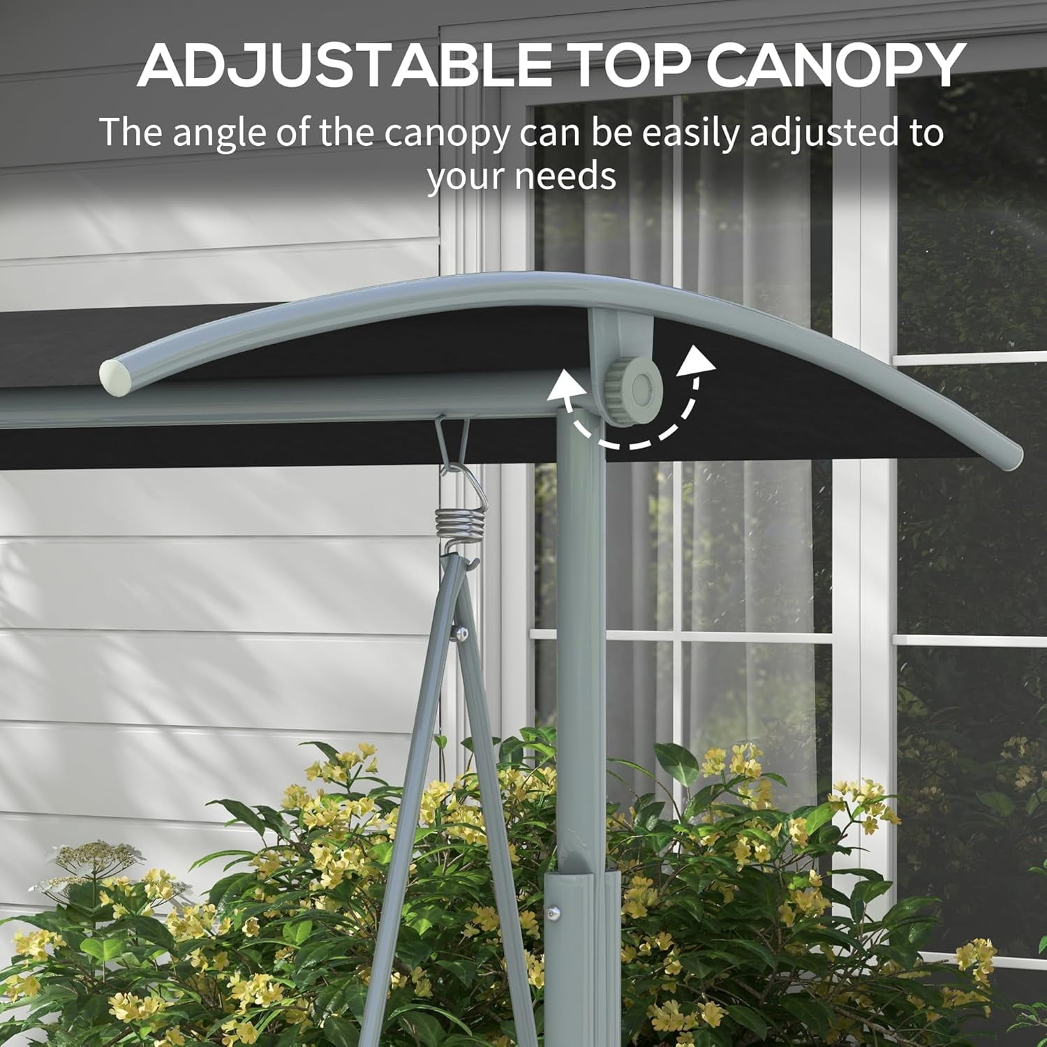 JessieMal 2 Person Porch Swing with Stand, Outdoor Swing with Canopy, Pivot Storage Table, 2 Cup Holders, Cushions for Patio, Backyard, Black