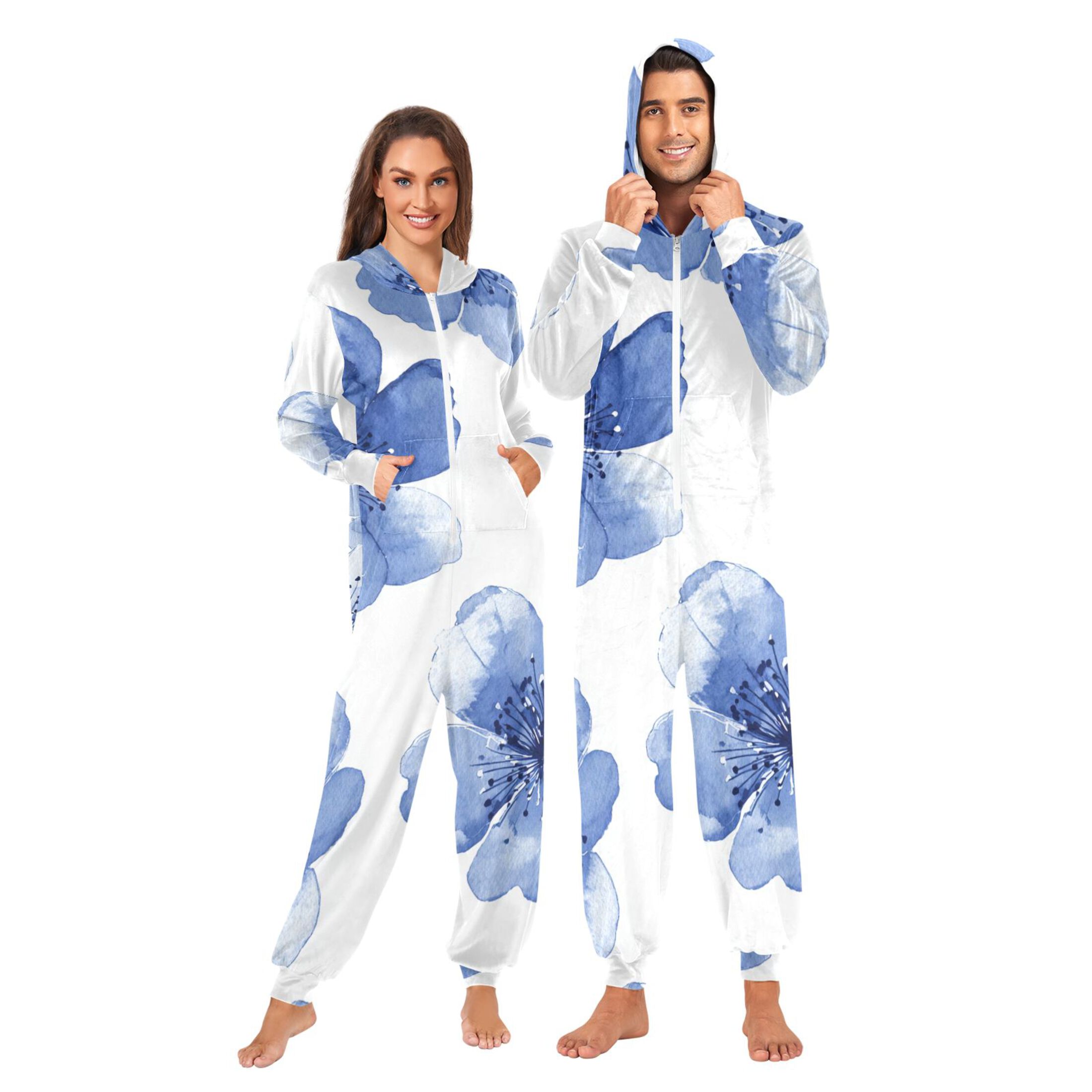 Watercolor Blue Flower Petals Adult's Hoodie Onesie Jumpsuit One-Piece Pajamas with Zipper Unisex for Holiday M