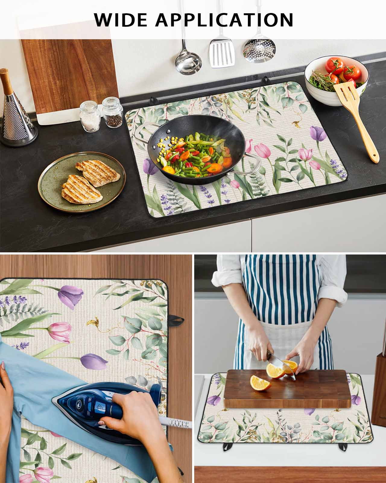 Large Induction Cooktop Protector Mat Pink Tulips Stove Top Covers for Electric Stove, Spring Floral Green Eucalyptus Leaves Rustic Decorative Stove Burner Cover Mats, Glass Top Stove Cover