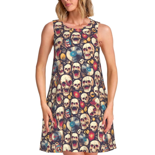 Bixox Robe Sans Manches à Imprimé Crâne de Musique rock pour Femmes avec Poches, Robe Décontractée Longueur Genou pour l'Été-Moyen