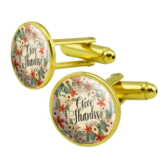 Give Thanks Thankfulness Thank You Round Cufflink Set Gold Color