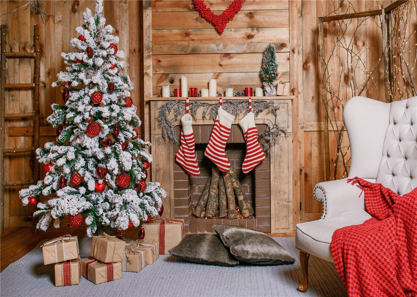 MOHome Polyster 5x7ft Wood House Photography Backdrops Christmas Tree