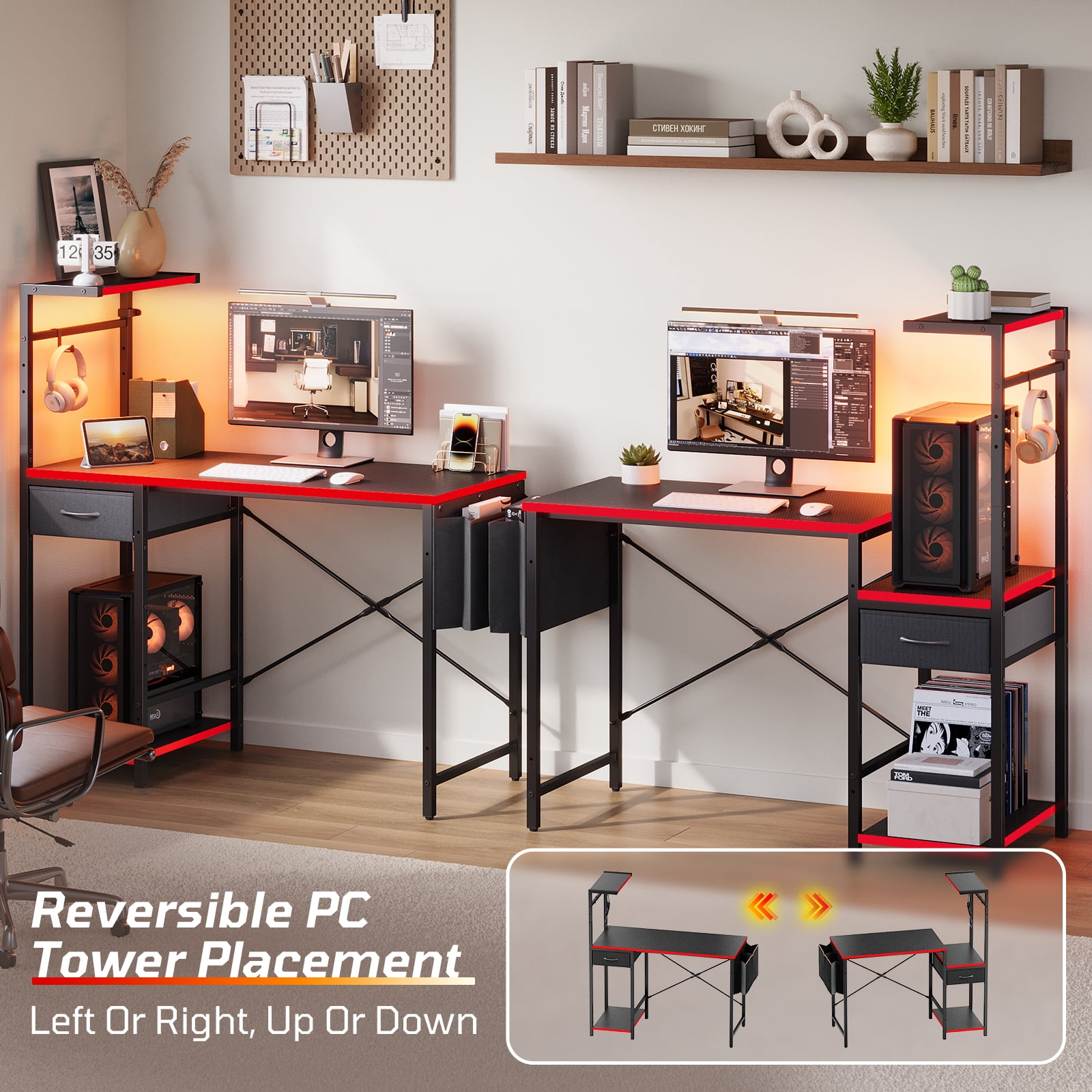 Bestier LED Gaming Desk with Drawer, 44'' Computer Desk with Reversible Shelves, PC Gamer Desk with Side Storage Bag, Hooks and Height Adjustable Shelf for Home Office, Red
