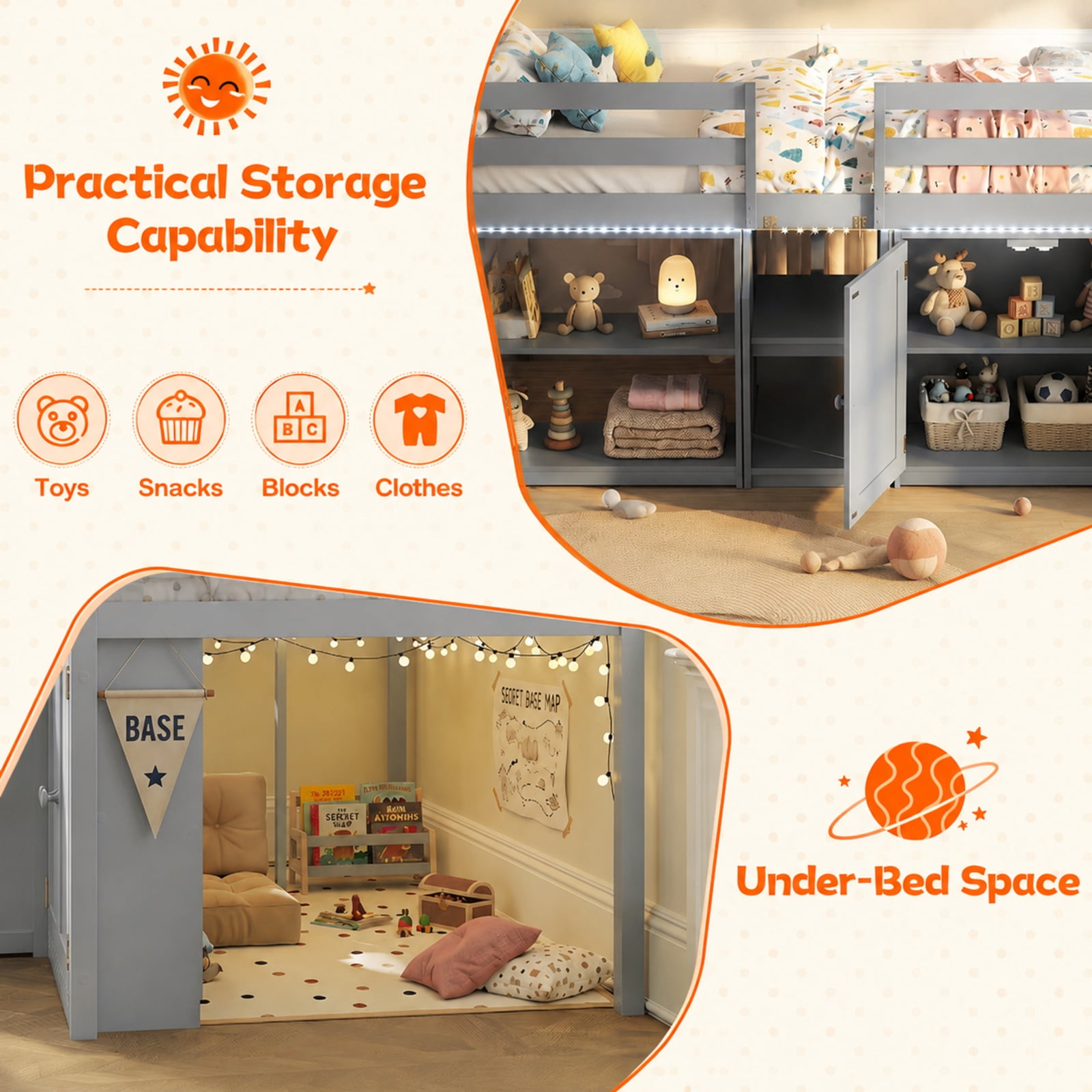 Furnibear Twin Size Loft Bed with Warm White LED Lights Storage Bookcase Cabinet Full Length Guardrails Stairs and 14 Plywood Slats, Gray