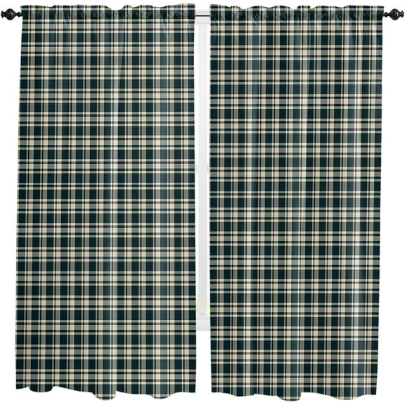 Green Beige Buffalo Plaid Kitchen Curtains 84 Inches Long, Farmhouse Checkered Window Curtains Panels for Bedroom/Bathroom/Nursery, Light Filtering Treatment Curtains Drapes 52"x84"