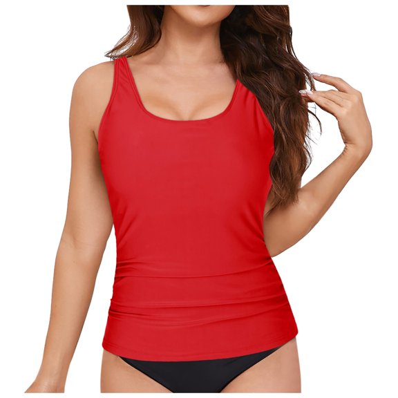 GEWSEY Tankini Tops for Women Swimwear Top Only Tummy Control Bathing Suit Top No Bottom (Available in Plus) Red, XL