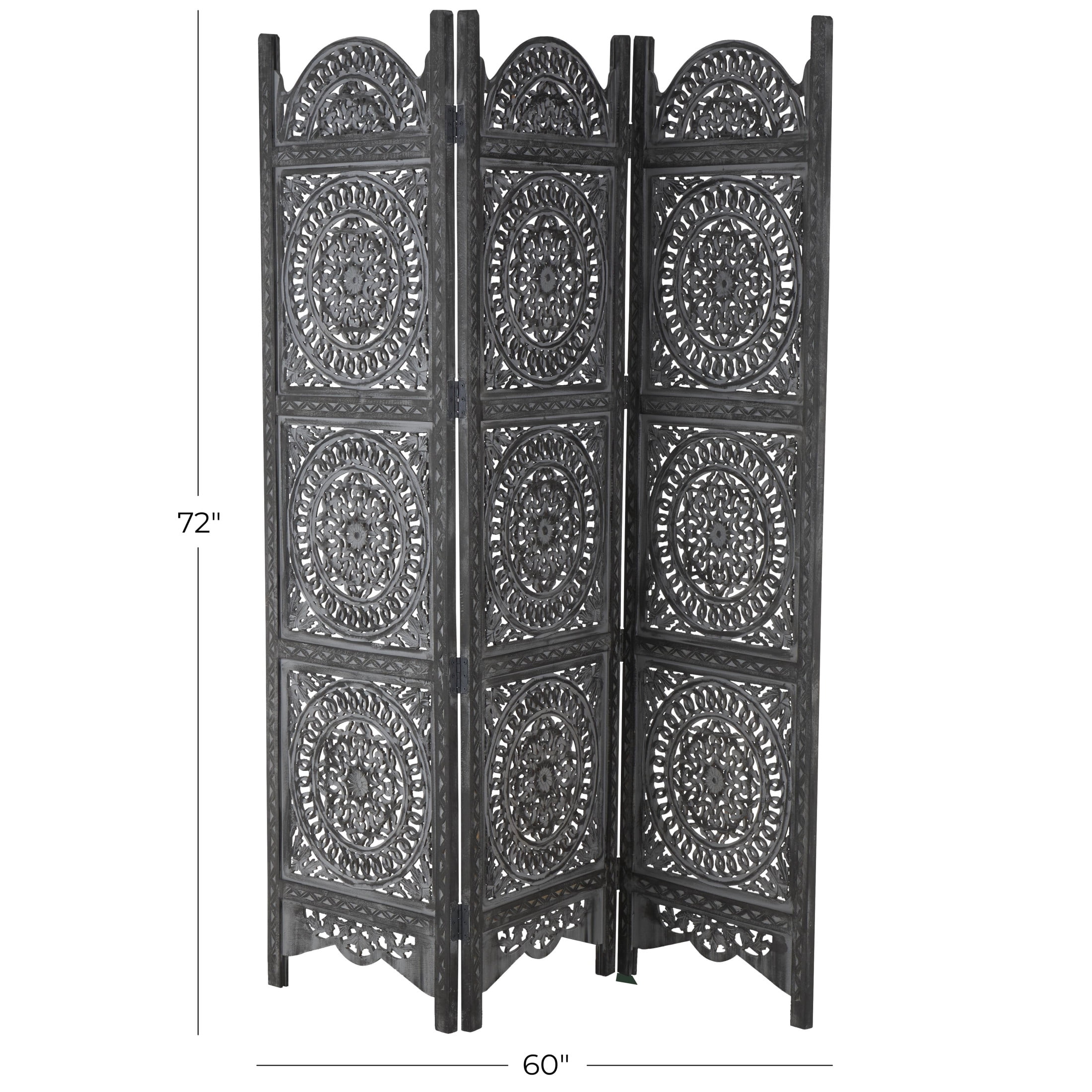DecMode 60" x 72" Black Wood Floral Handmade Foldable Partition 3 Panel Room Divider Screen with Carved Designs, 1-Piece