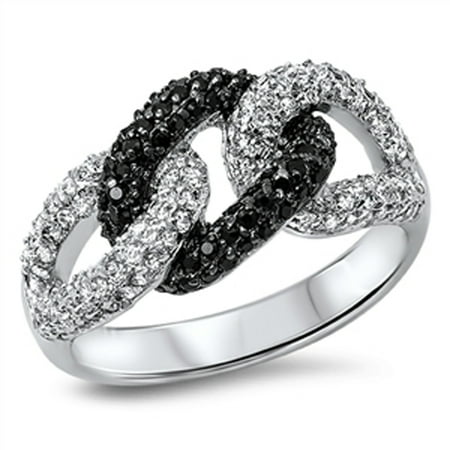 Chain Pave Ring - Sterling Silver Women's Flawless Black Cubic Zirconia Curb Chain Link Knot Micro Pave Ring (Sizes 6-10) (Ring Size 6)