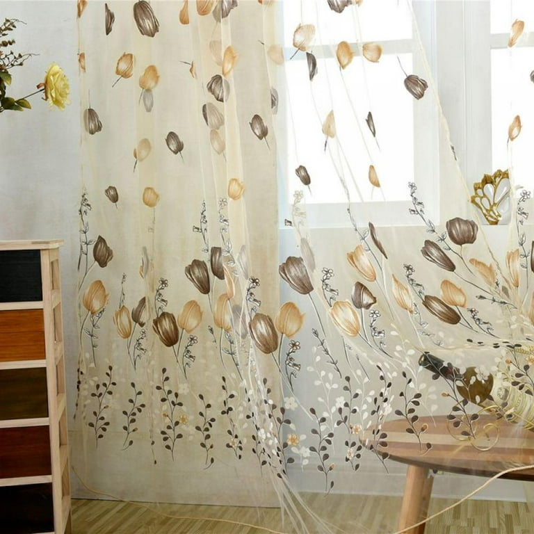 Tulip Floral Window Beads Decor Sheer Curtain Panel Voile Drape Vanlaces, Size: 95cm*200cm, Purple