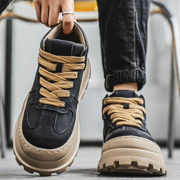 XIMIN Mens Fashion Suede Leather Lace Up Platform Sneakers Casual Retro Round Toe Non Slip Flats Orthotic Sport Lightweight Shoes for Walking Daily Travel Footwear (8.5, Black)