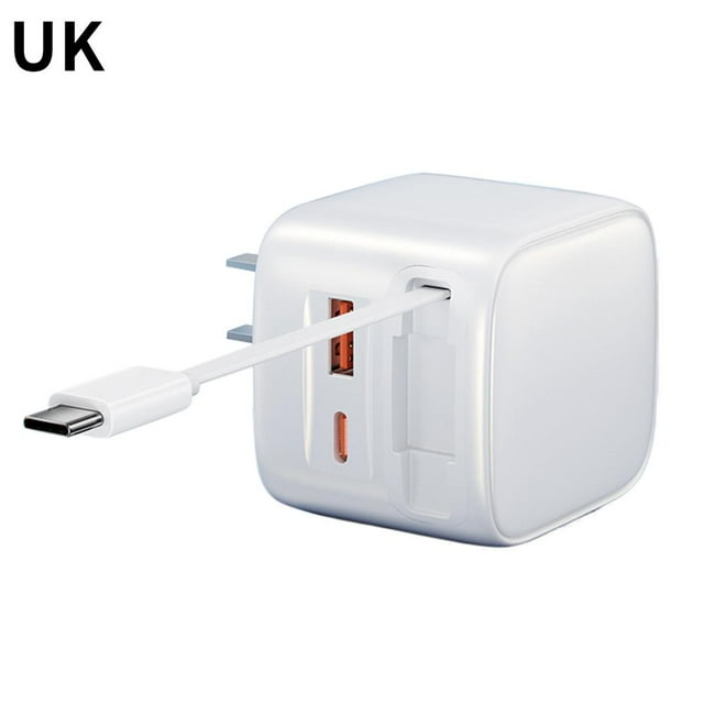 Chargeur Mural Rétractable, Bloc Chargeur avec Câble Type C Intégré et Double Port pour iPhone, iPad, MacBook, Ordinateur Portable, Samsung