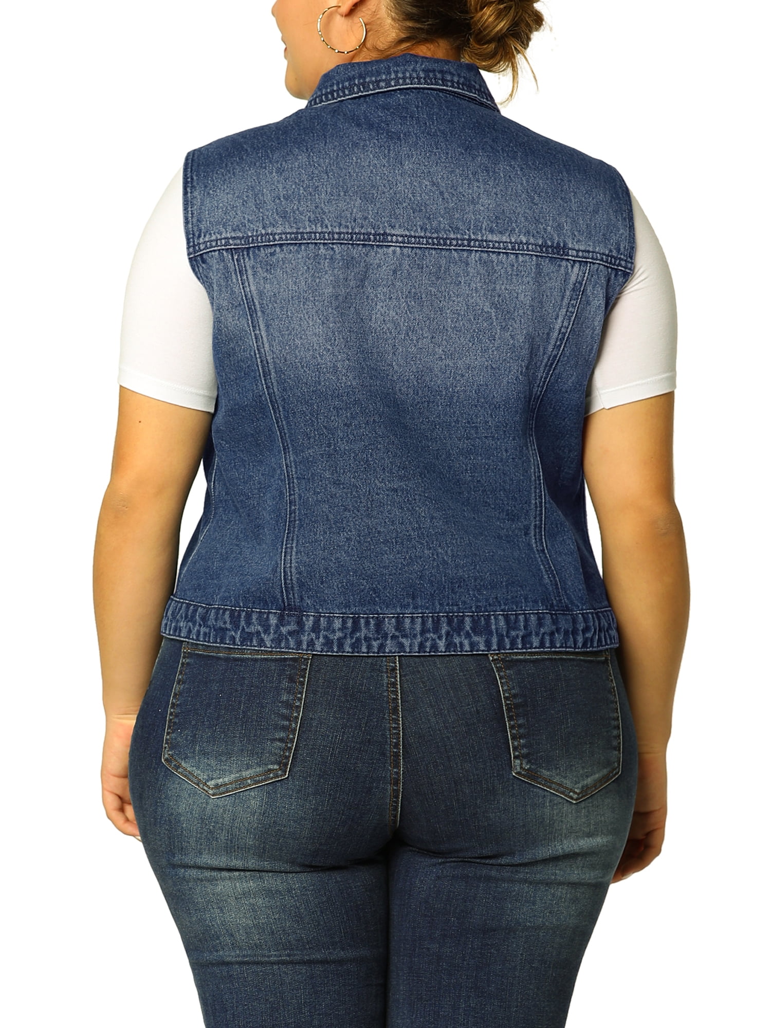 Unique Bargains Juniors' Plus Size Chest Pockets Single Breasted Denim Vest