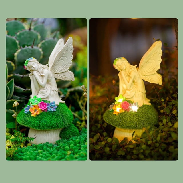 Estatua de ala de ángel Estatuilla de jardín Luces LED con energía solar Estatuas de decoración al aire libre Esculturas, Decoraciones de estatuas de , Sentado Sesión Soledad estatuas de hadas