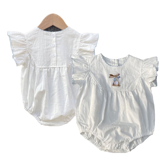 LYMAYTER Newborn Infant Bunny Smocked Romper Onesie Bubble Outfit Summer Clothes for Baby Girls 3-24M