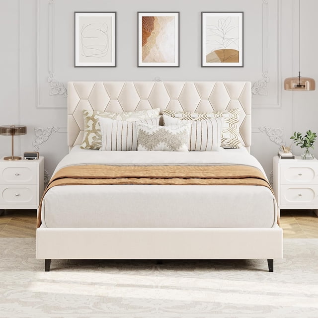 Full Size Upholstered Bed Frame with Adjustable Headboard, Heavy-Duty Platform Bed Frame with Strong Wood Slats, No Box Spring Needed, Noise Free, Easy Assembly, Beige