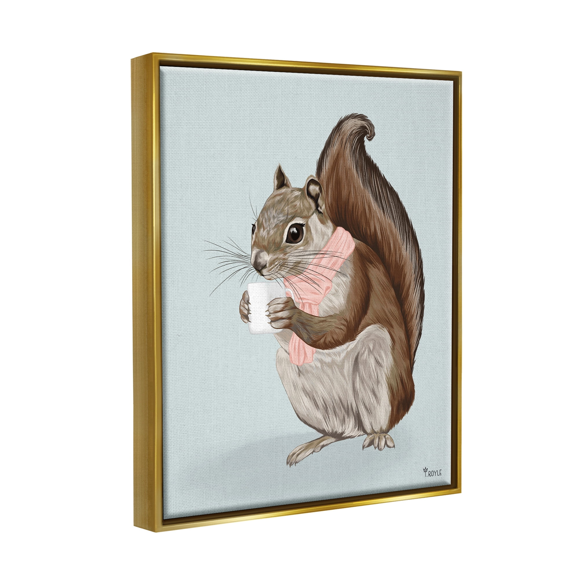 Stupell Industries Squirrel with Warm Mug Animals & Insects Painting Gold Floater Framed Canvas Art Print Wall Art, 17 x 21
